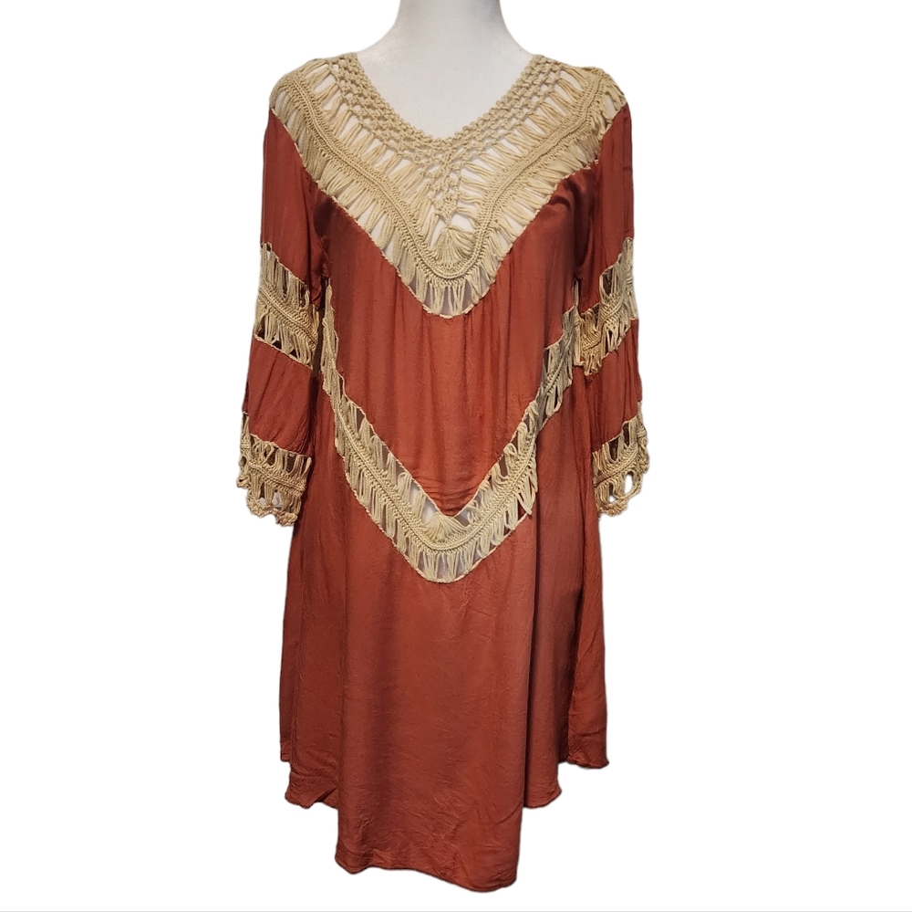 UMGEE Boho Crotchet Tiered V-Neck Coverup Tunic Dress